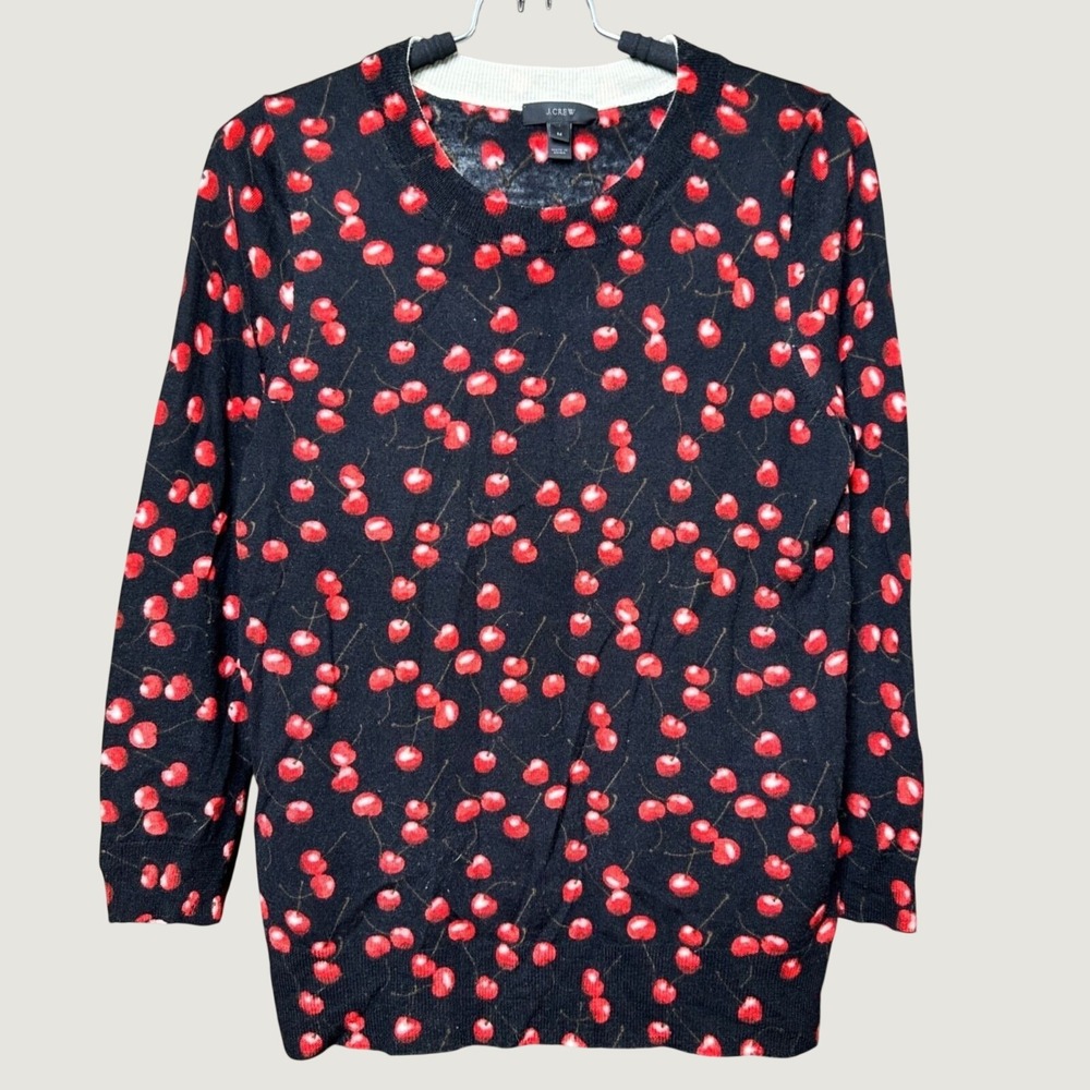 J.Crew Womens Black Red Cherry Print 100% Merino Wool Sweater Size M Old Money